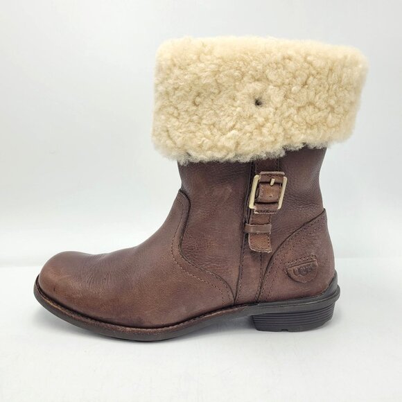 Ugg Bellevue Women's Sz 6.5 Leather & Genuine Sheepskin Wool Winter Boots Brown - Picture 3 of 16